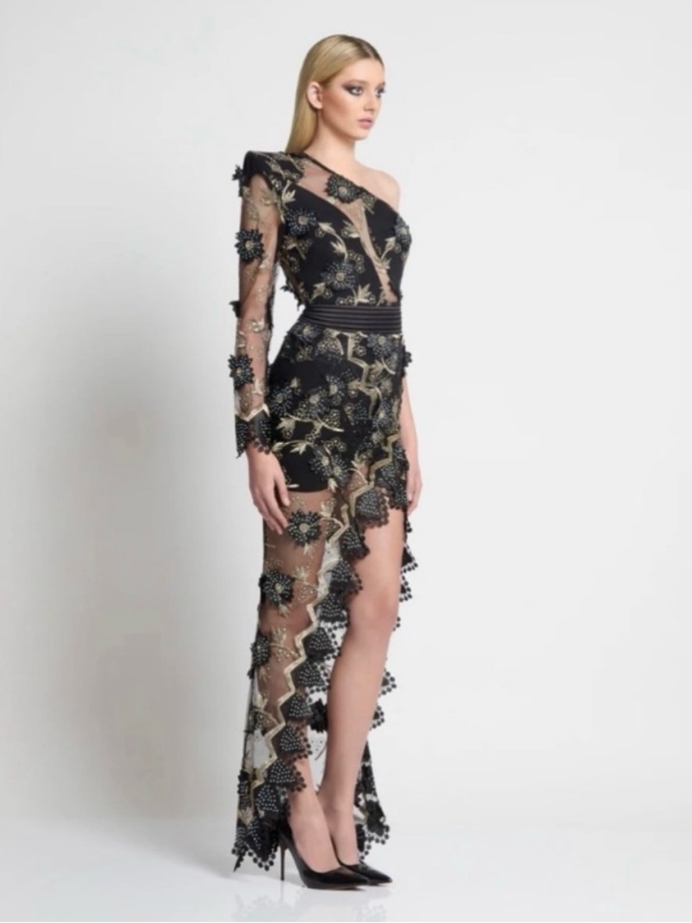 Zhivago Black and Gold Strapless Sheer Embellished Evening Dress